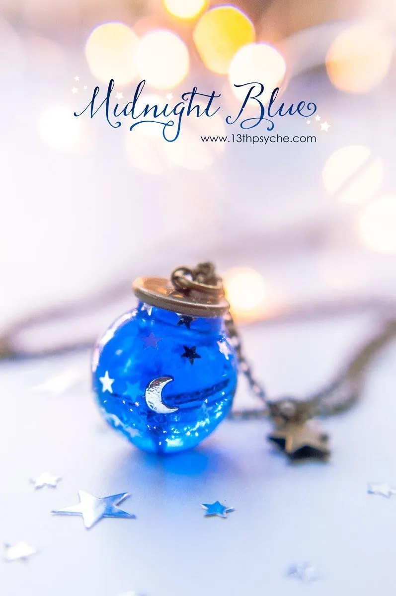 Moon and stars blue sphere necklace