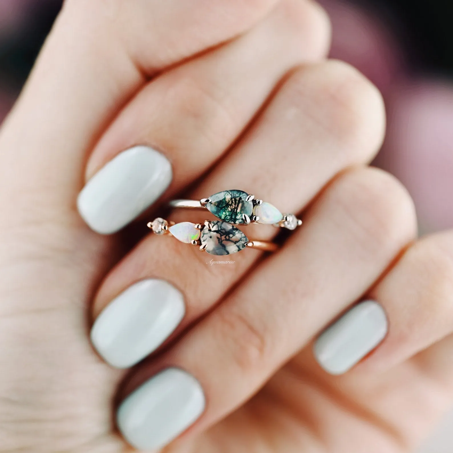 Natural Green Moss Agate & Fire Opal Ring- Sterling Silver