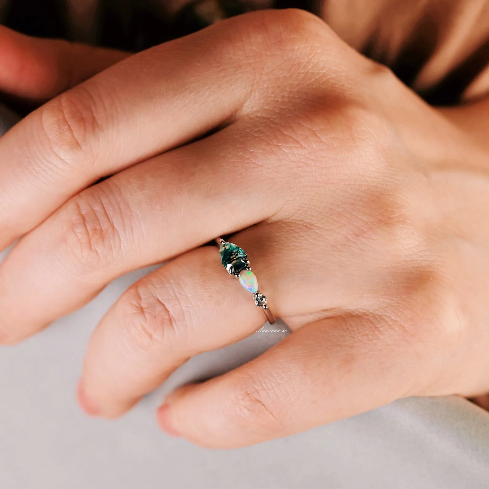 Natural Green Moss Agate & Fire Opal Ring- Sterling Silver