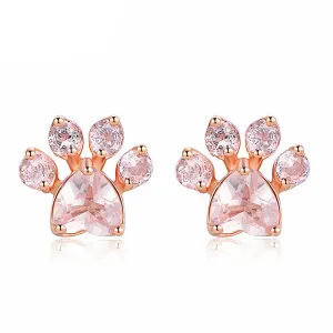 Natural Rose Quartz Cat Paw Earrings (14K Rose Gold Plated)